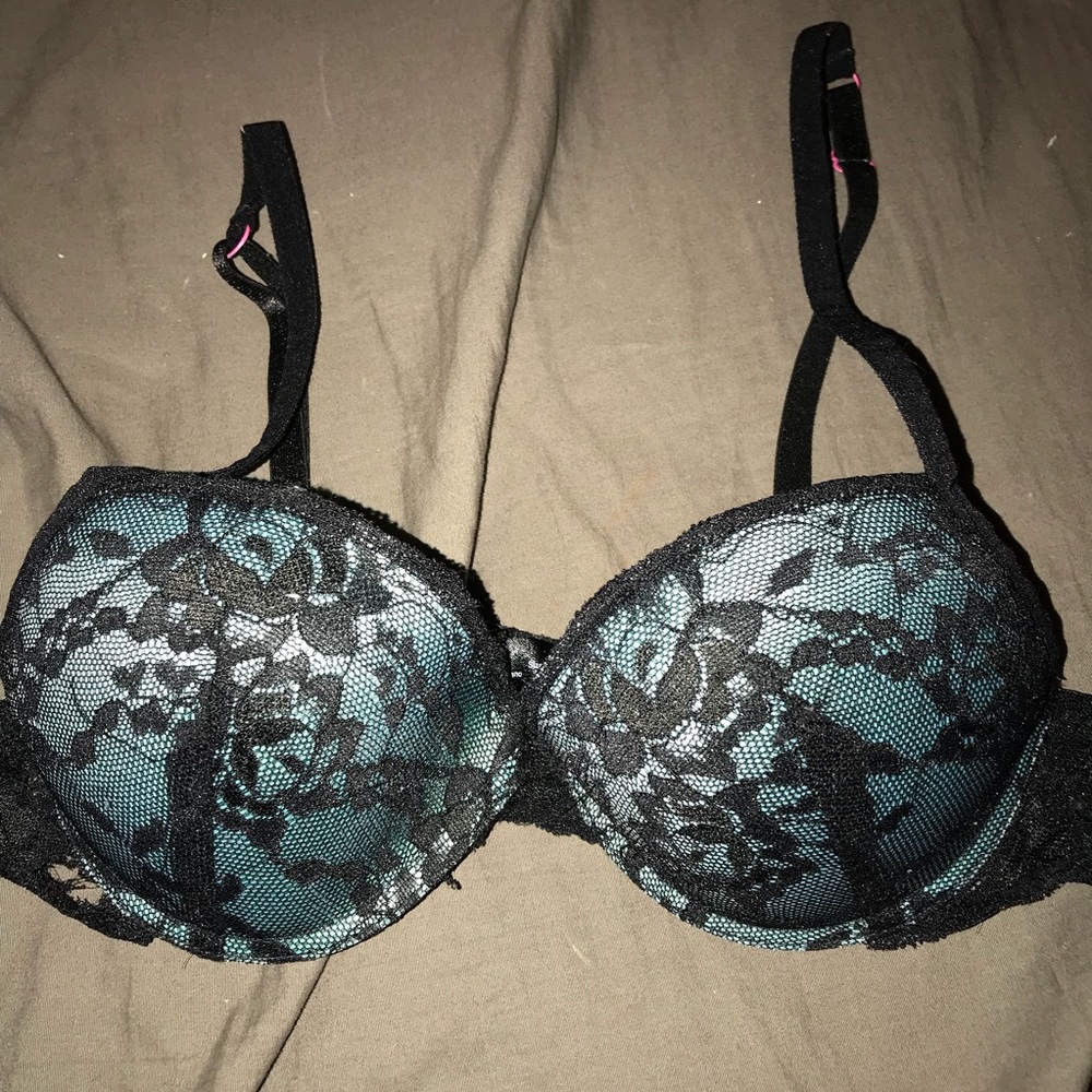 Blue and black lace bra